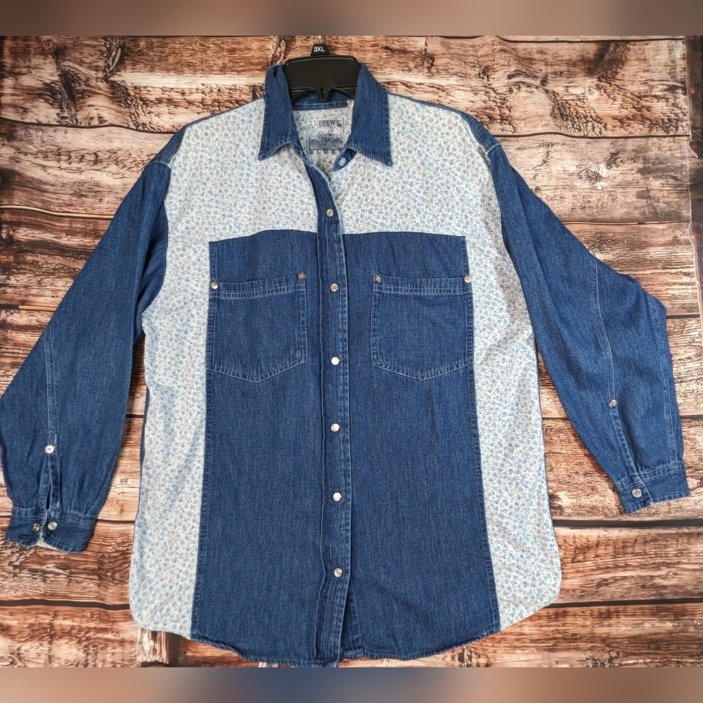 Vtg Western Country Blouse Denim Floral Pearl Snap M